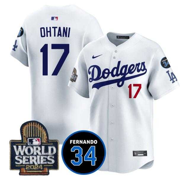 Mens Los Angeles Dodgers #17 Shohei Ohtani White 2024 World Series With Fernando Memorial Patch Limited Stitched Jersey Dzhi